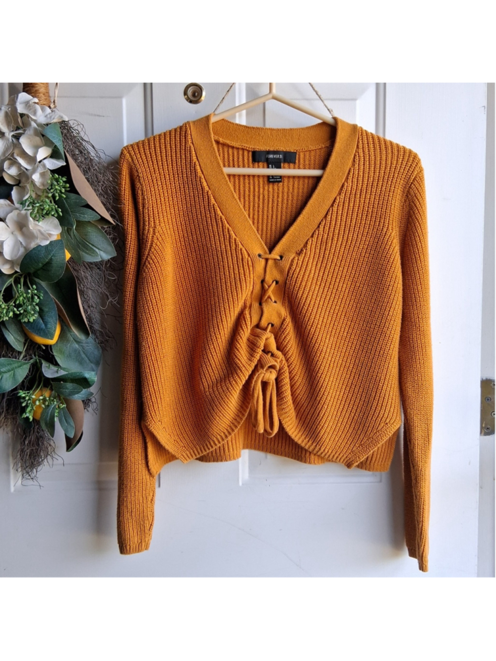 Women's Forever 21 Mustard Ribbed Lace-Up Cardigan Size L